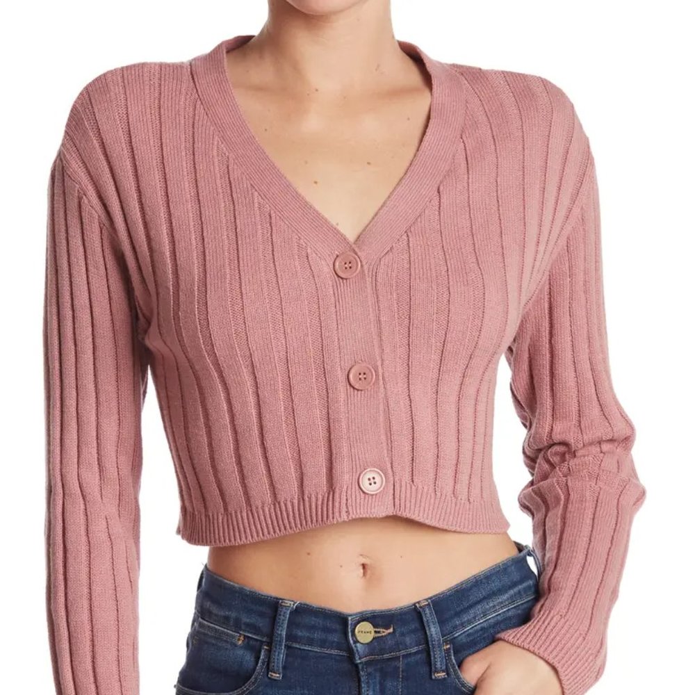 Abound Pink Cropped Button Long-Sleeve Cardigan